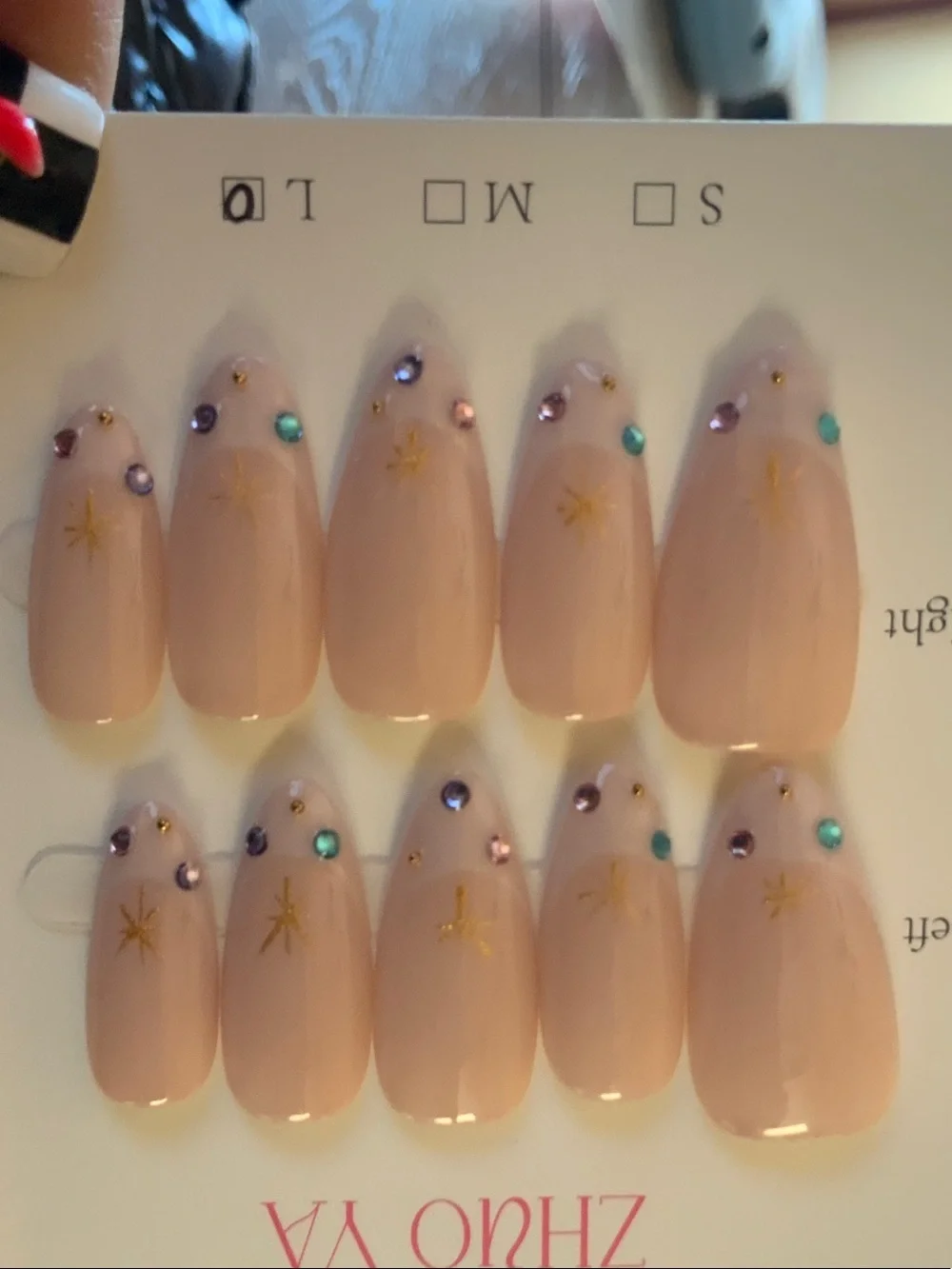 CUSTOM MADE L Nude Pink with Gold Star Accents & Rhinestones nail set